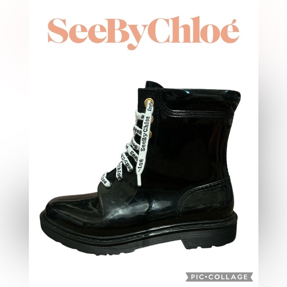 See By Chloe Glossy Black Combat Boots